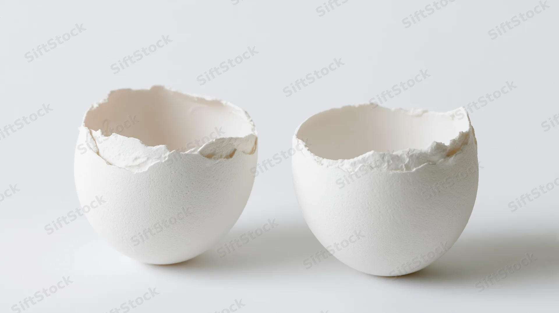 Two empty white eggshell halves split open and resting on a plain white surface