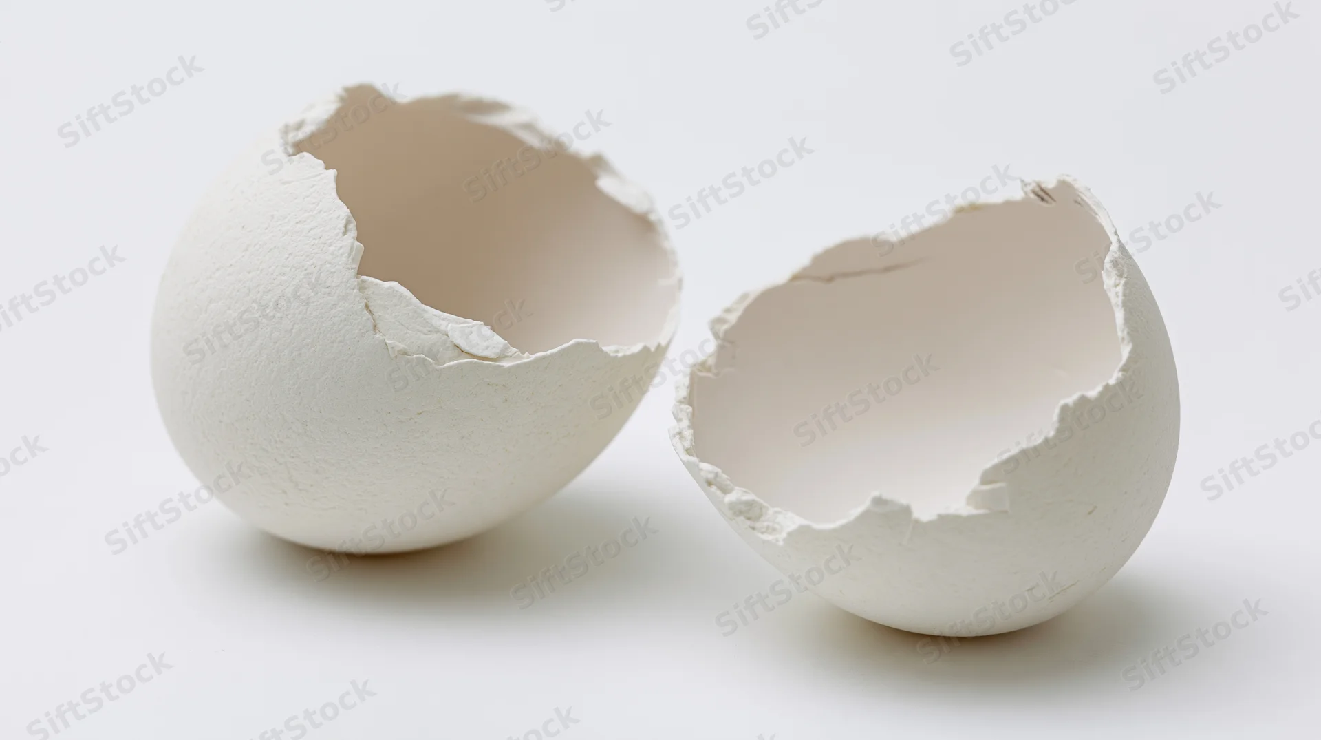 Two broken white eggshell halves resting on a plain white surface