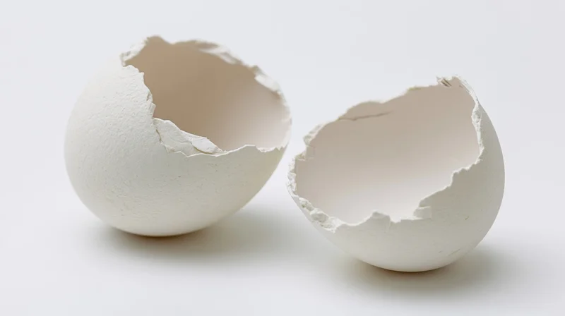 Two broken white eggshell halves resting on a plain white surface