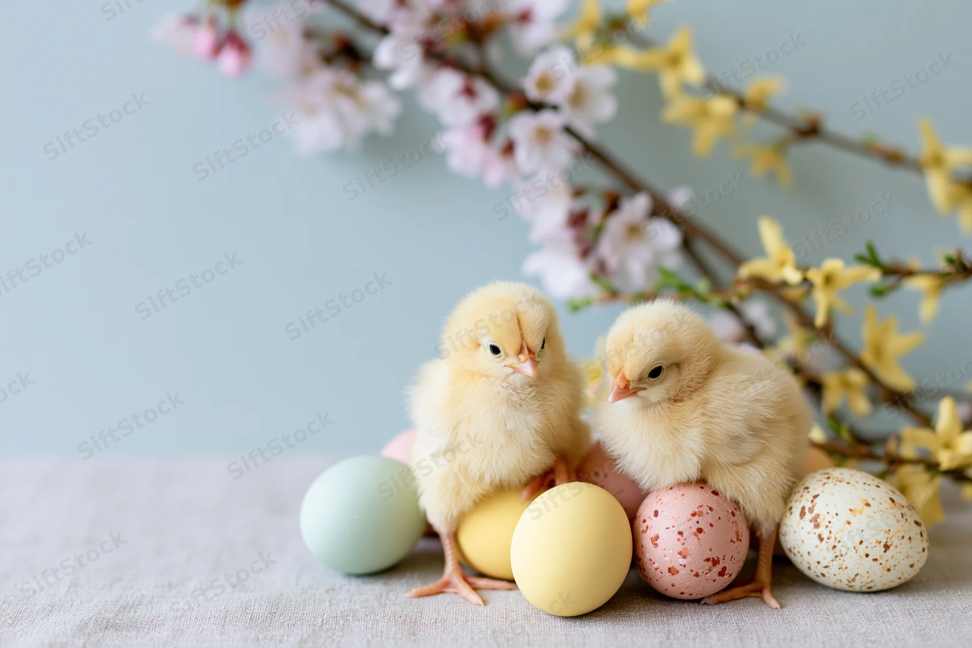 Two fluffy yellow baby chicks sitting among pastel Easter eggs on a cloth table with blooming branches in the background