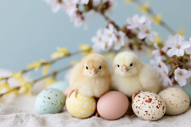 Two fluffy yellow baby chicks sitting among pastel decorated eggs with blooming branches in the background
