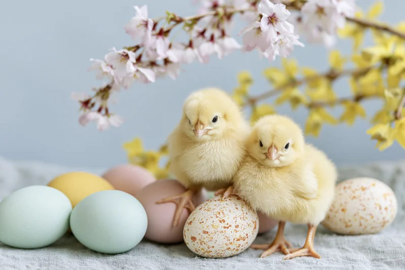 Two fluffy yellow baby chicks sitting among pastel easter eggs with cherry blossoms on a textured fabric surface