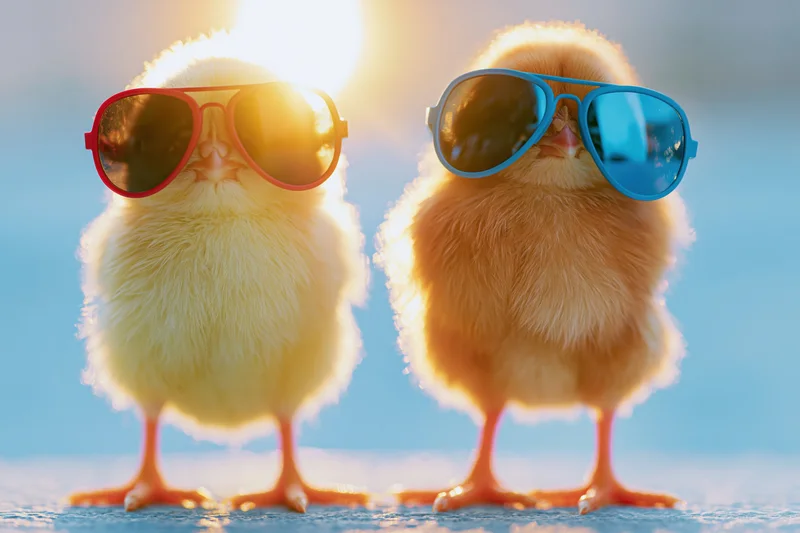 Two fluffy yellow baby chicks wearing oversized aviator sunglasses standing on a beach at sunrise