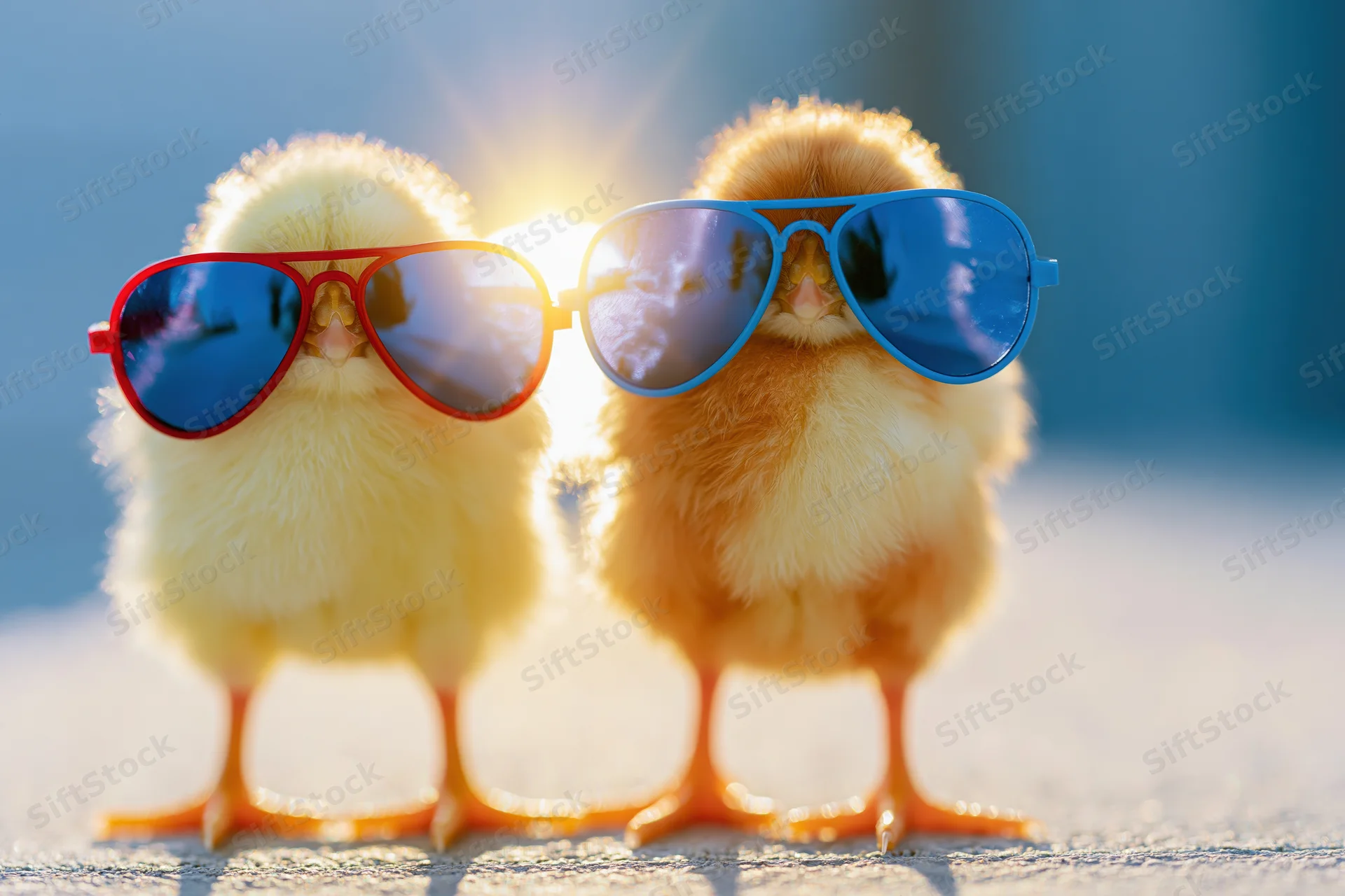 Two fluffy yellow baby chicks wearing oversized aviator sunglasses standing together outdoors in sunlight