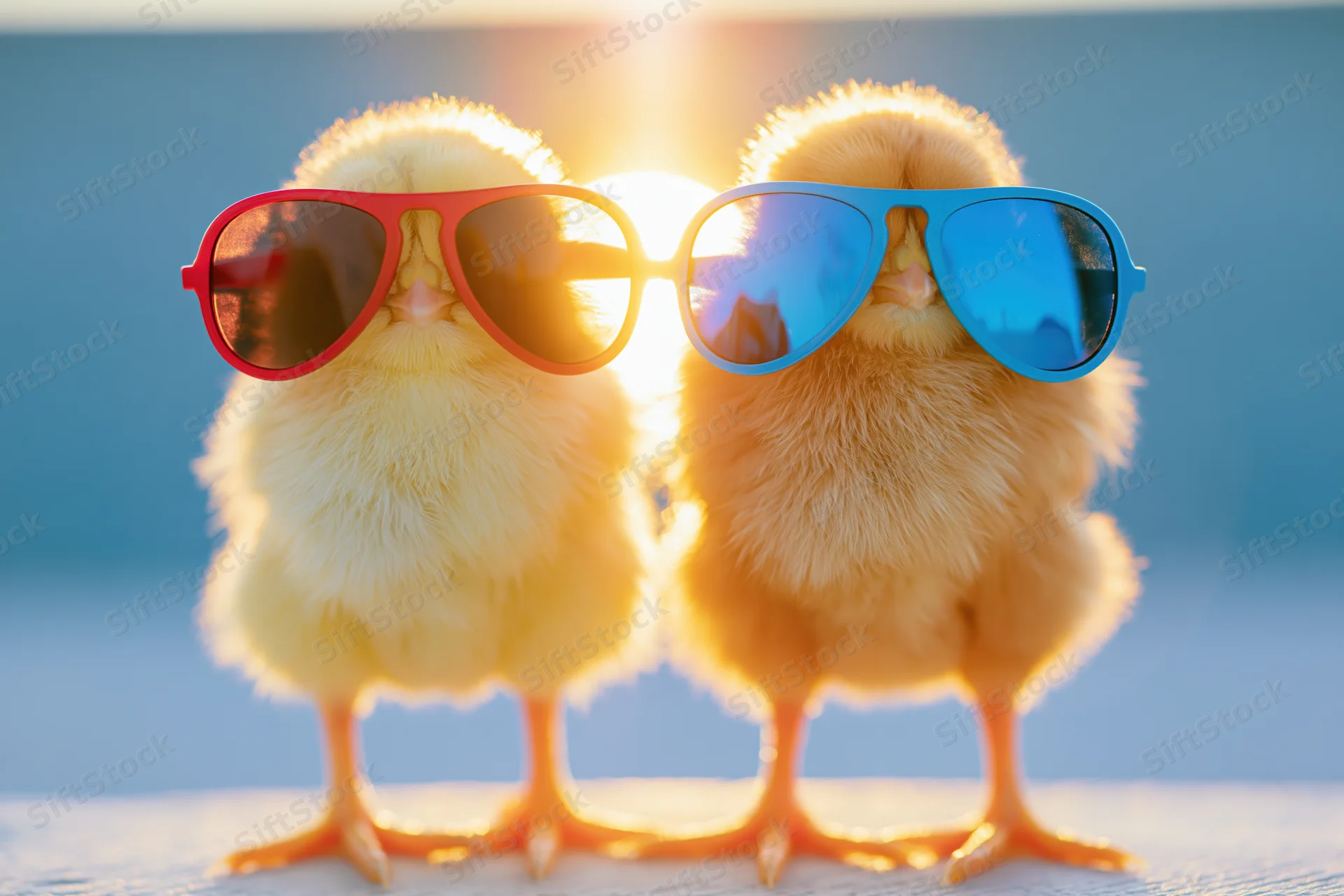 Two fluffy yellow baby chicks wearing oversized aviator sunglasses side by side on a beach at sunset