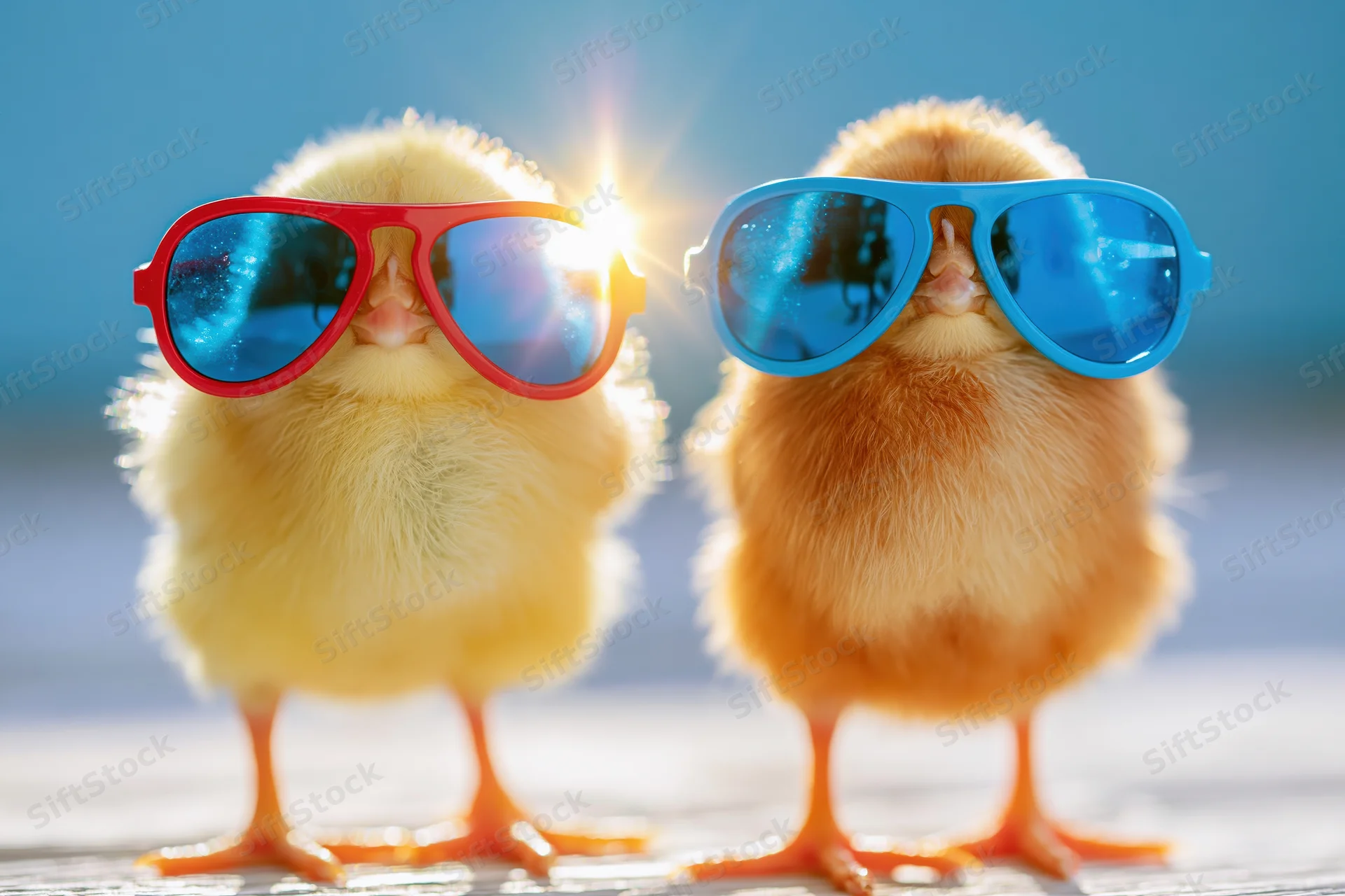Two fluffy baby chicks wearing oversized aviator sunglasses standing on wooden surface in bright sunlight