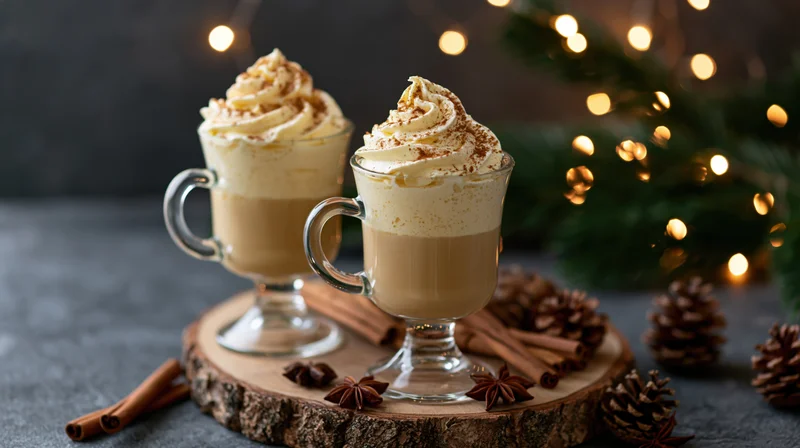 Two glass mugs filled with layered eggnog topped with whipped cream and cinnamon on a wooden tray with pinecones and holiday lights in the background