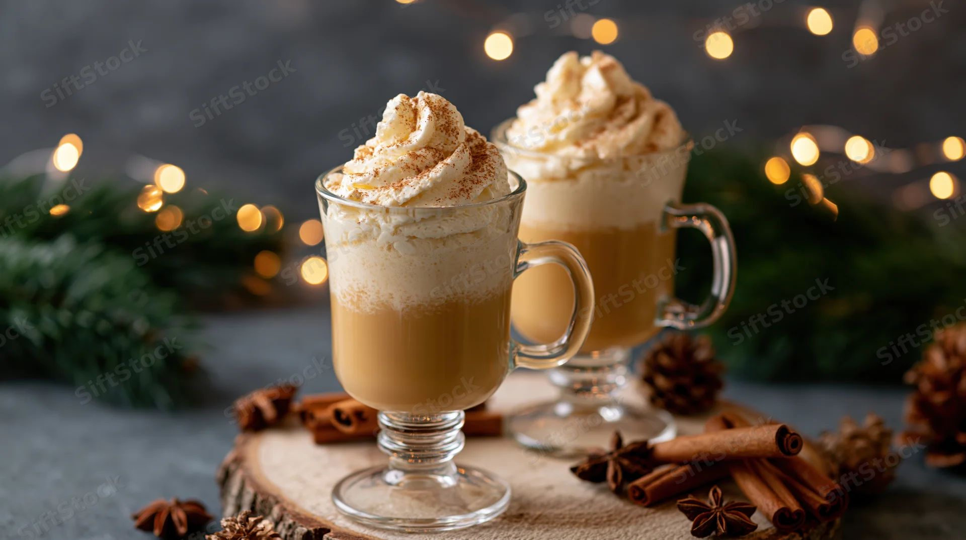 Two glass mugs filled with layered eggnog topped with whipped cream and cinnamon on a wooden slice surrounded by pinecones and evergreen branches with twinkle lights in the background