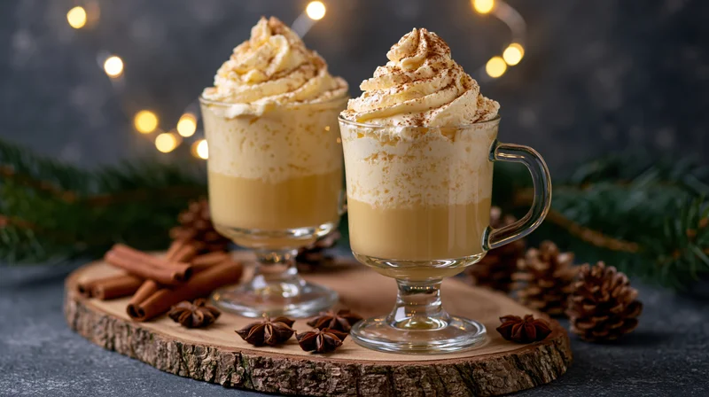 Two footed glass mugs filled with layered eggnog topped with whipped cream and cinnamon on a wooden tray with pinecones and evergreen branches, surrounded by warm bokeh lights