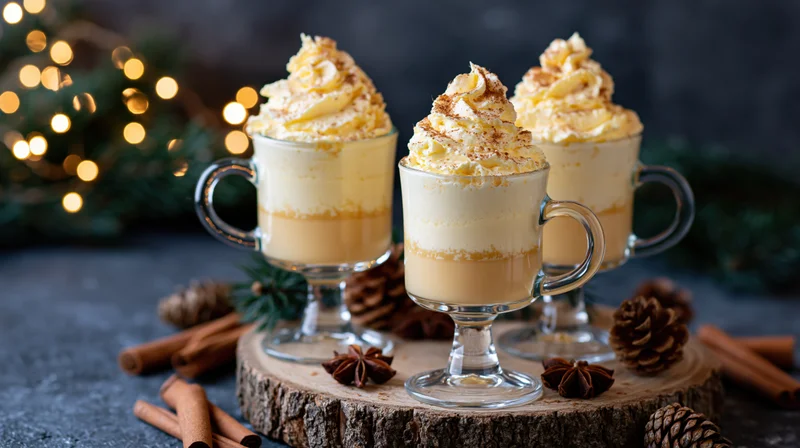 Three footed glass mugs filled with layered eggnog topped with whipped cream and cinnamon on a wooden slice surrounded by pinecones and cinnamon sticks with blurred holiday lights in the background