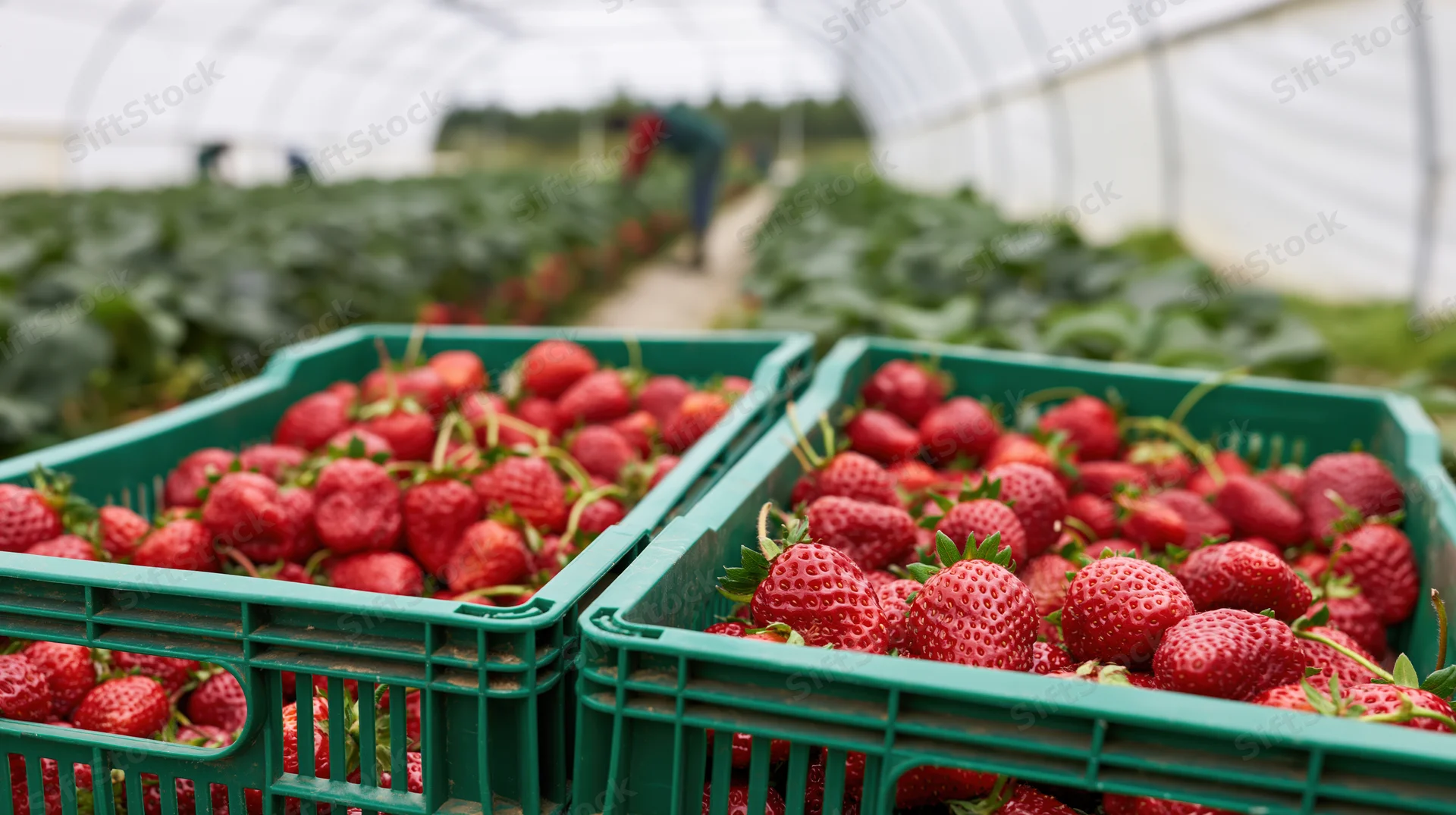 Two green crates filled with freshly picked strawberries in a greenhouse farm setting