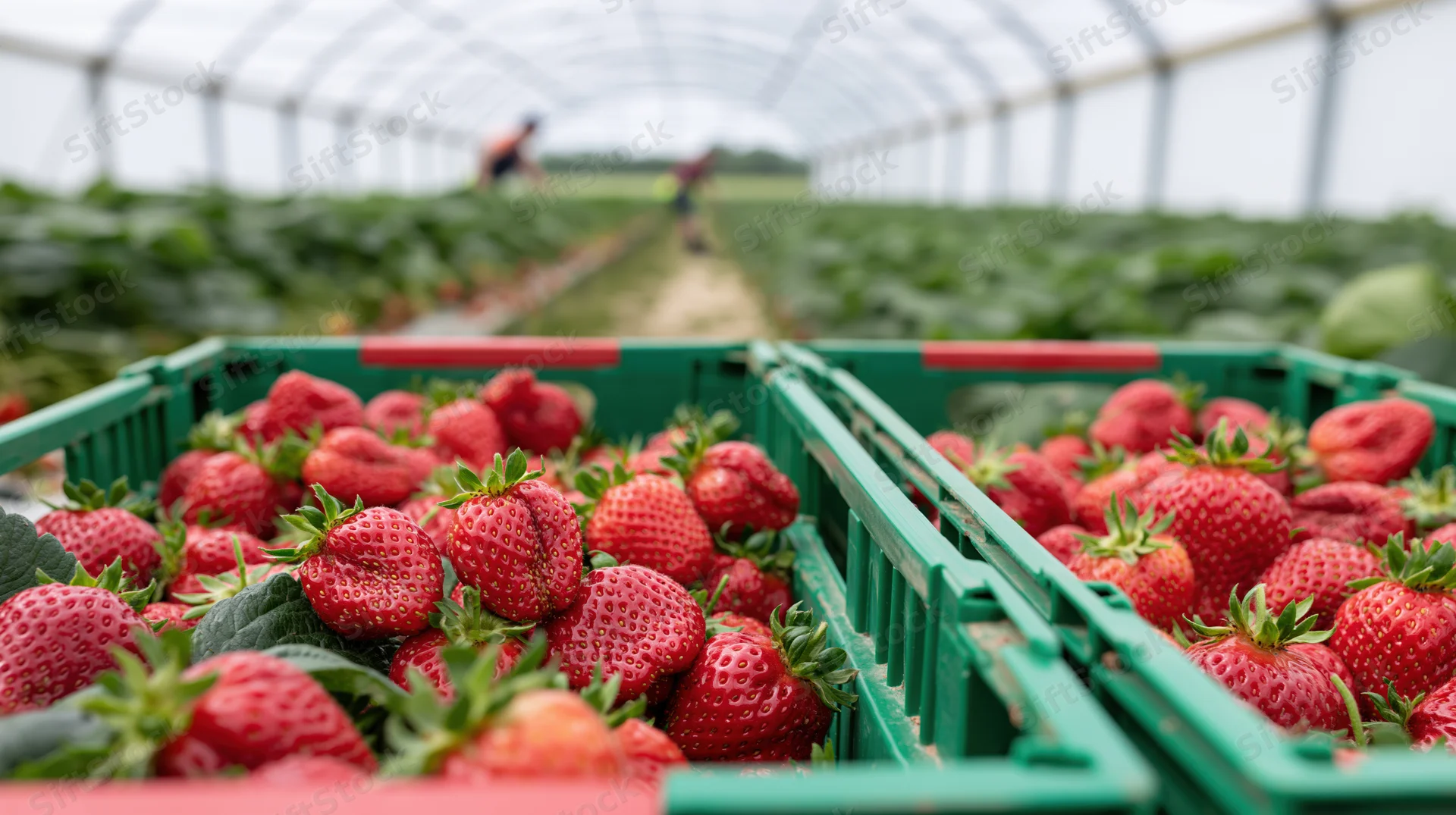 Freshly picked strawberries in green crates inside a greenhouse with workers harvesting in the background