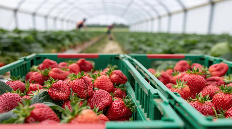 Freshly picked strawberries in green crates inside a greenhouse with workers harvesting in the background