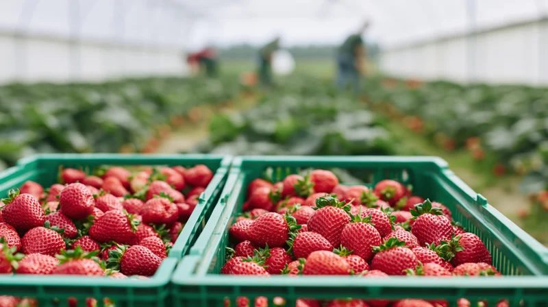 Two green crates filled with freshly picked strawberries in a greenhouse field