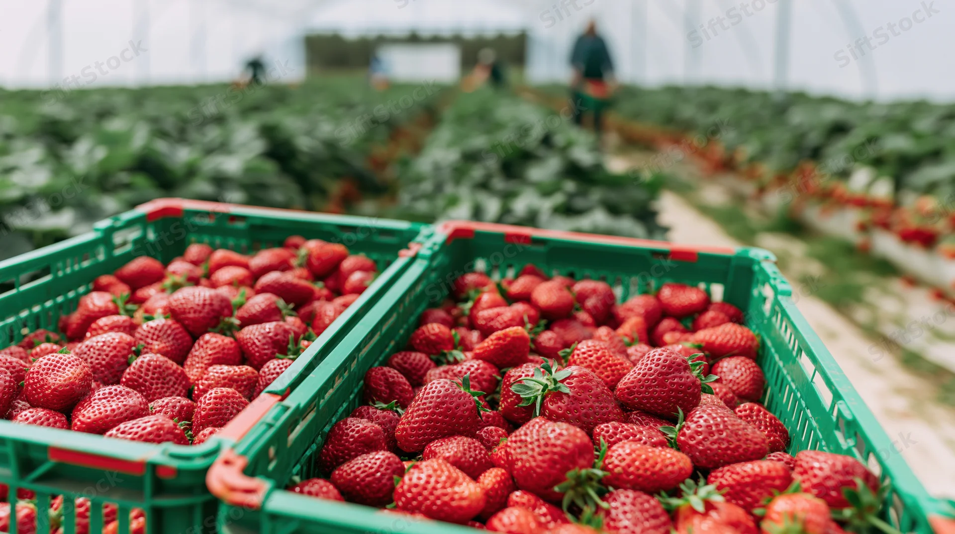 Two green crates filled with freshly picked strawberries in a greenhouse farm setting