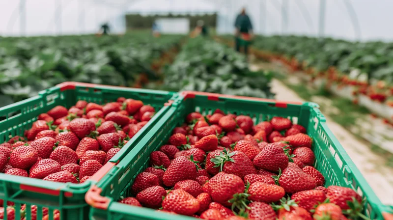 Two green crates filled with freshly picked strawberries in a greenhouse farm setting