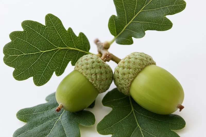 Two green unripe acorns with textured caps and oak leaves on a white background