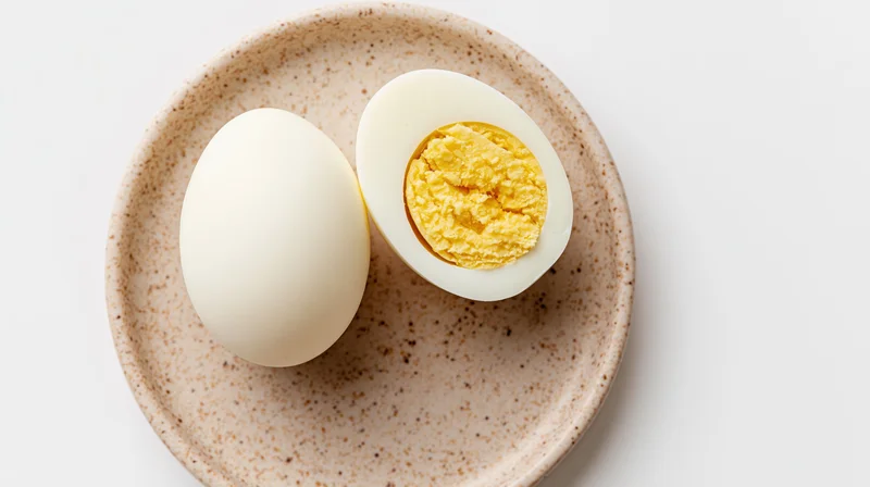 Two halves of a hard-boiled egg on a speckled ceramic plate with copyspace