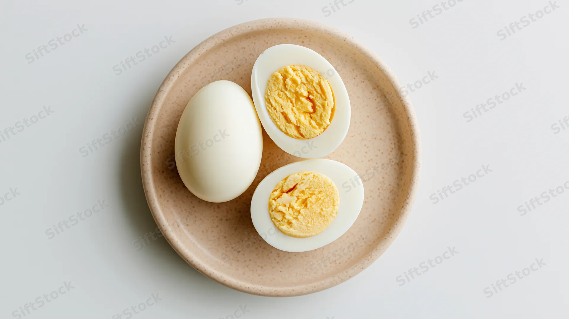 Two halves of a hard-boiled egg and one whole egg on a beige ceramic plate viewed from above on a white surface