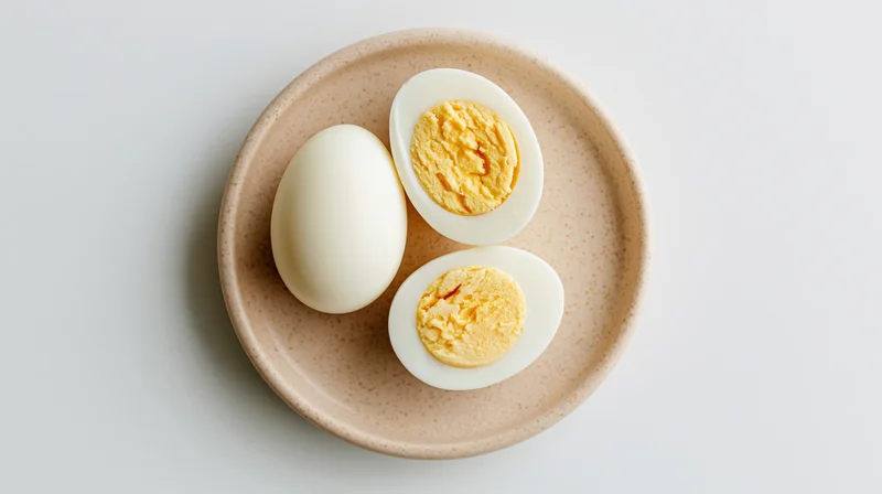 Two halves of a hard-boiled egg and one whole egg on a beige ceramic plate viewed from above on a white surface