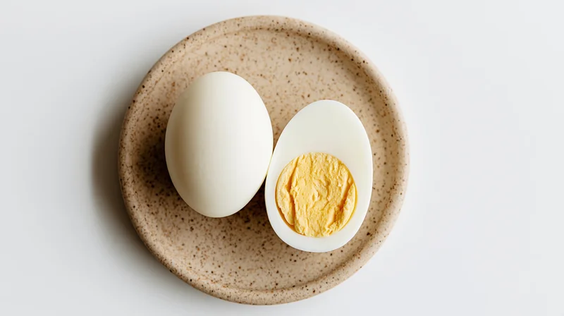 Two halves of a hard-boiled egg on a speckled ceramic plate, one cut-side up, on white background
