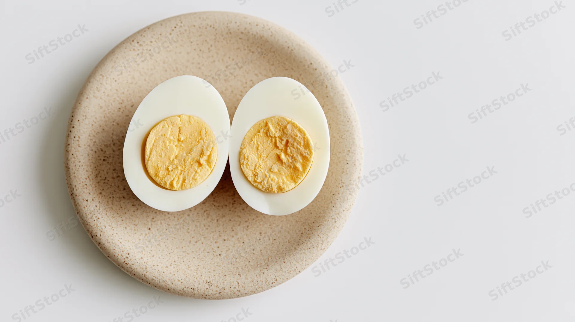 Two halves of a hard-boiled egg cut-side up on a small beige ceramic plate against a white background
