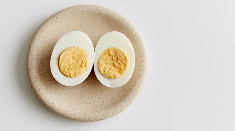 Two halves of a hard-boiled egg cut-side up on a small beige ceramic plate against a white background