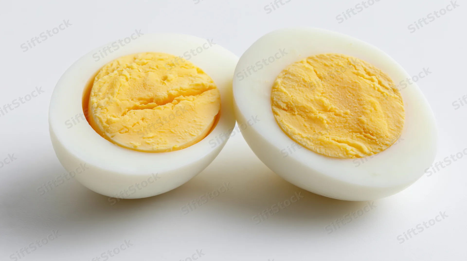 Two halved hard-boiled eggs cut-side up on a white surface