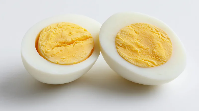 Two halved hard-boiled eggs cut-side up on a white surface