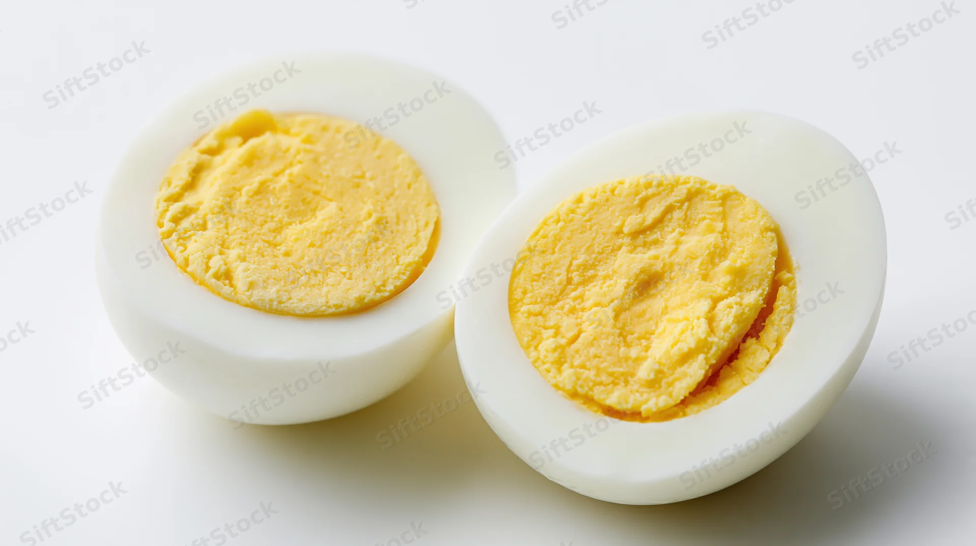 Two halved hard-boiled eggs cut-side up on a white surface
