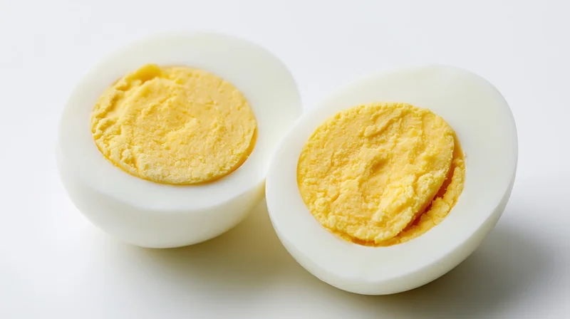 Two halved hard-boiled eggs cut-side up on a white surface