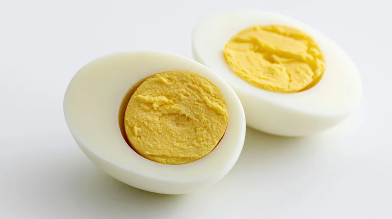Two halved hard-boiled eggs cut-side up on a white surface