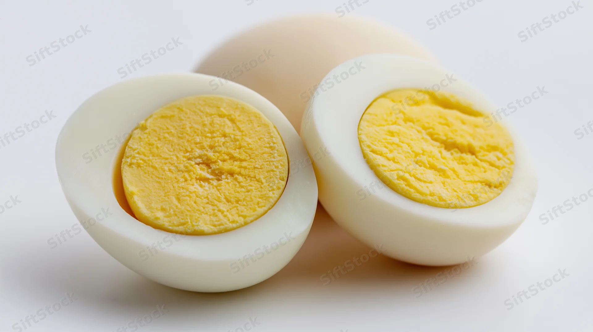 Two halved hard-boiled eggs cut-side up on a white surface