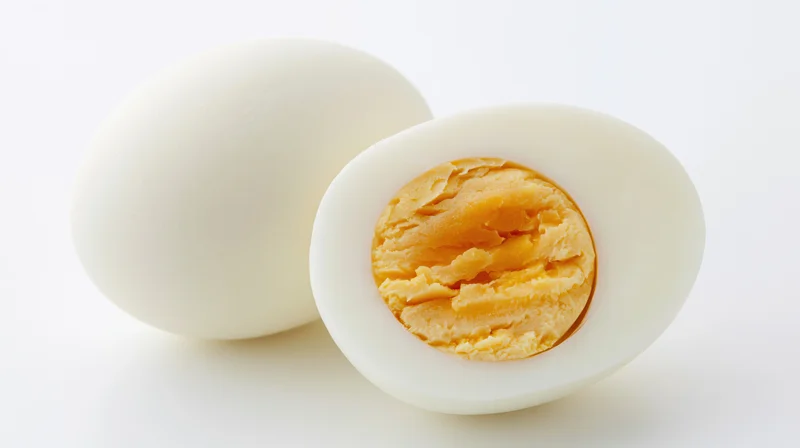 Two hard-boiled eggs one whole and one halved on a white background