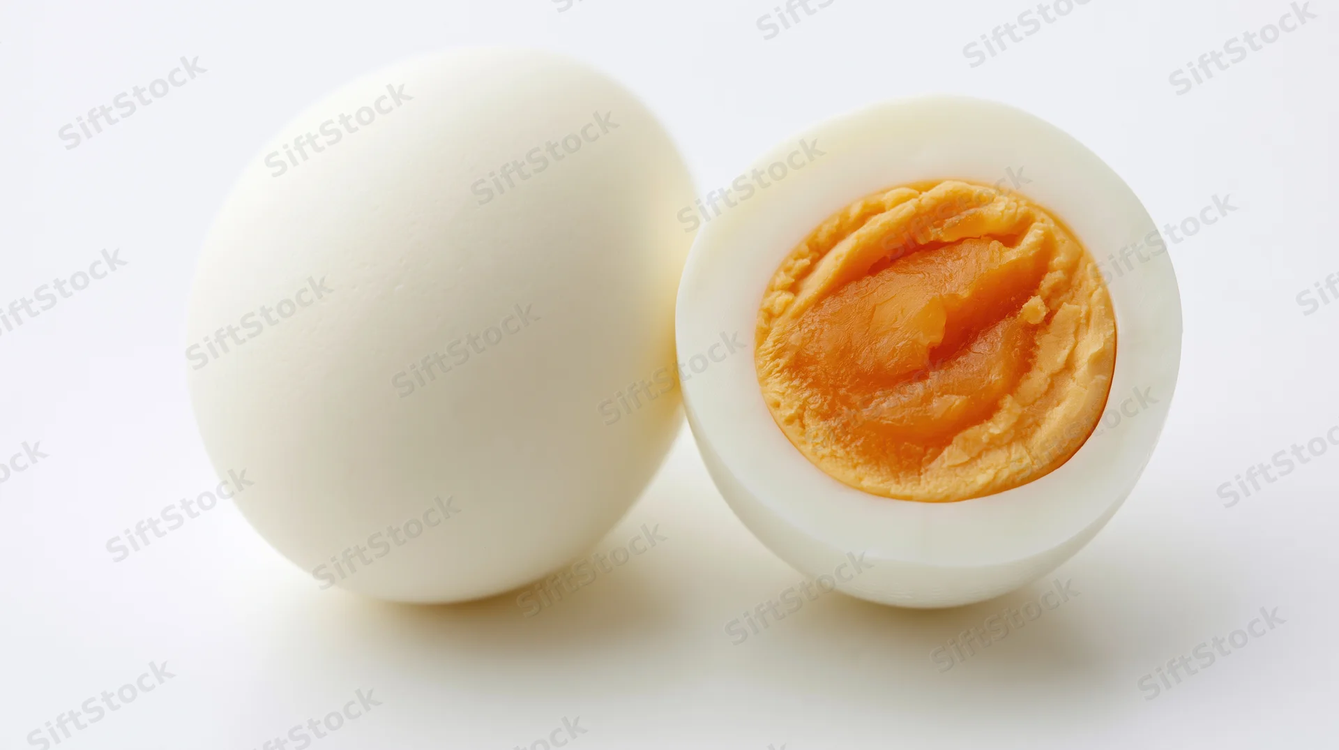 Two hard-boiled eggs one whole and one halved on a white background