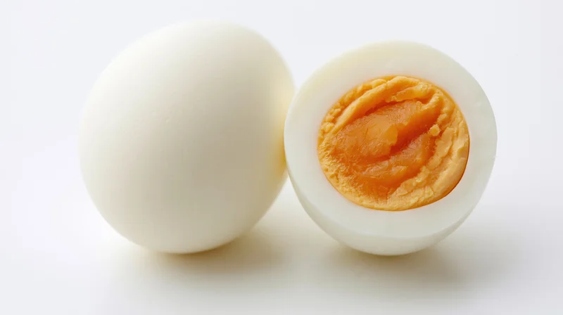 Two hard-boiled eggs one whole and one halved on a white background