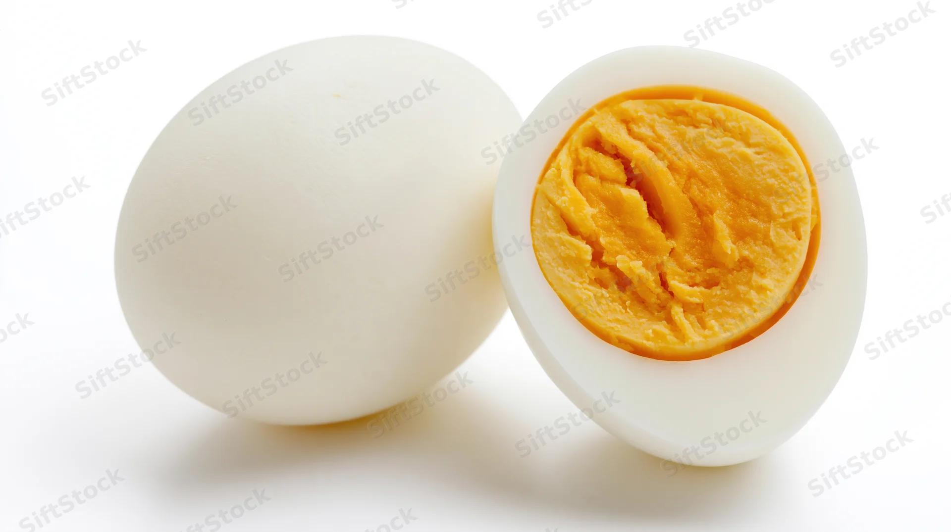 Whole and halved hard-boiled egg on white background