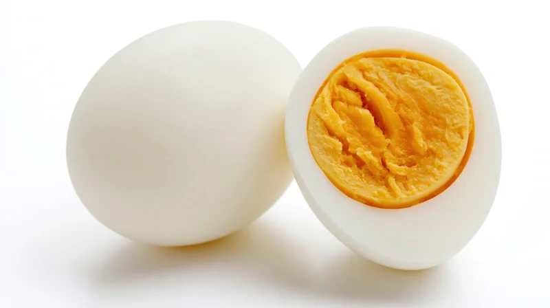 Whole and halved hard-boiled egg on white background