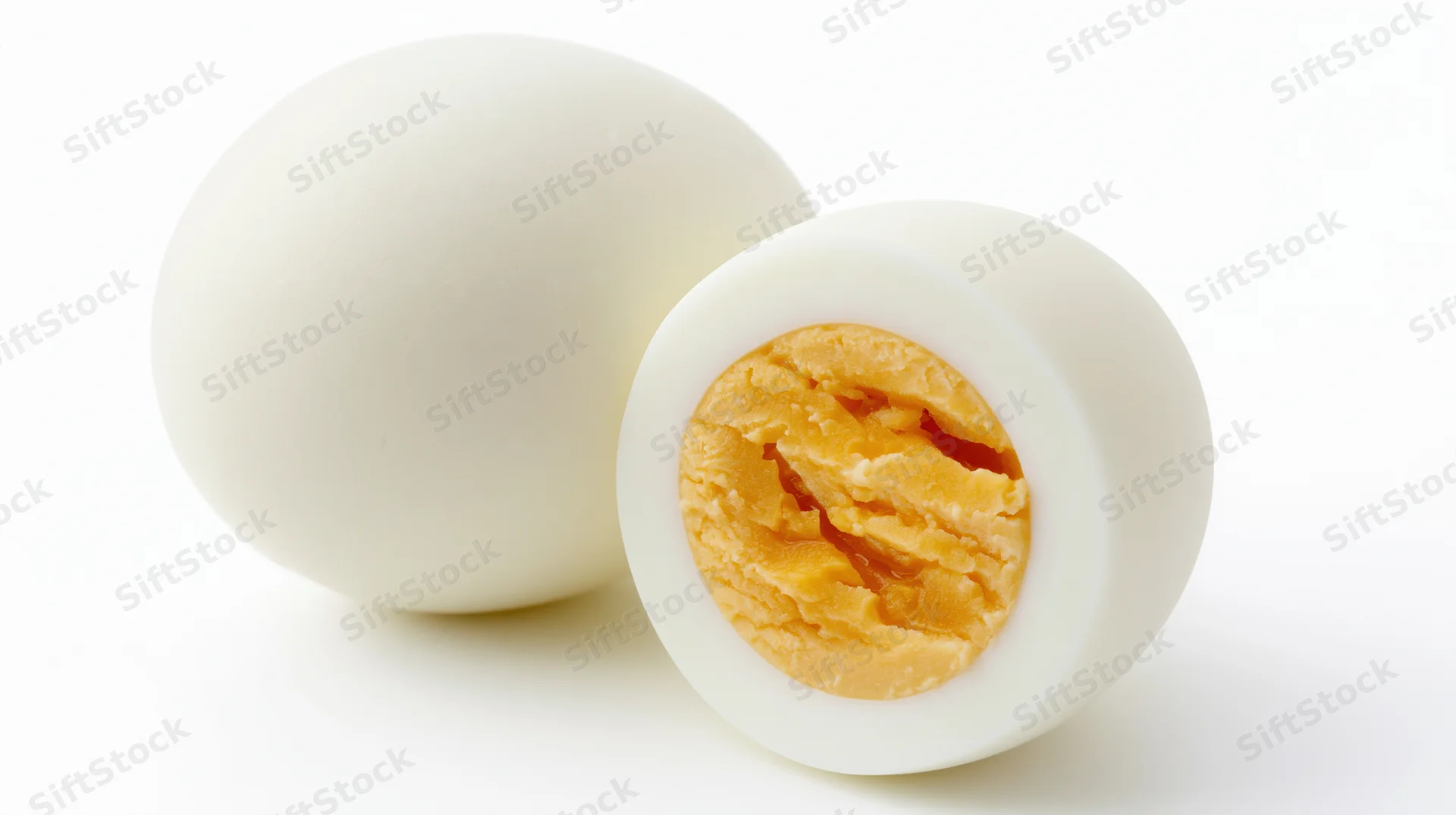 Two hard-boiled eggs one whole and one halved on a white background