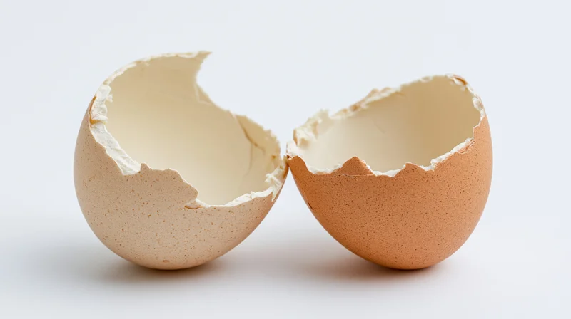 Two broken brown eggshell halves separated on a white surface