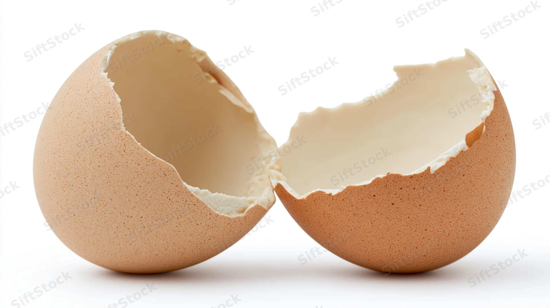 Two broken brown eggshell halves separated on white background