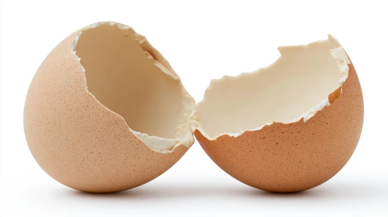 Two broken brown eggshell halves separated on white background