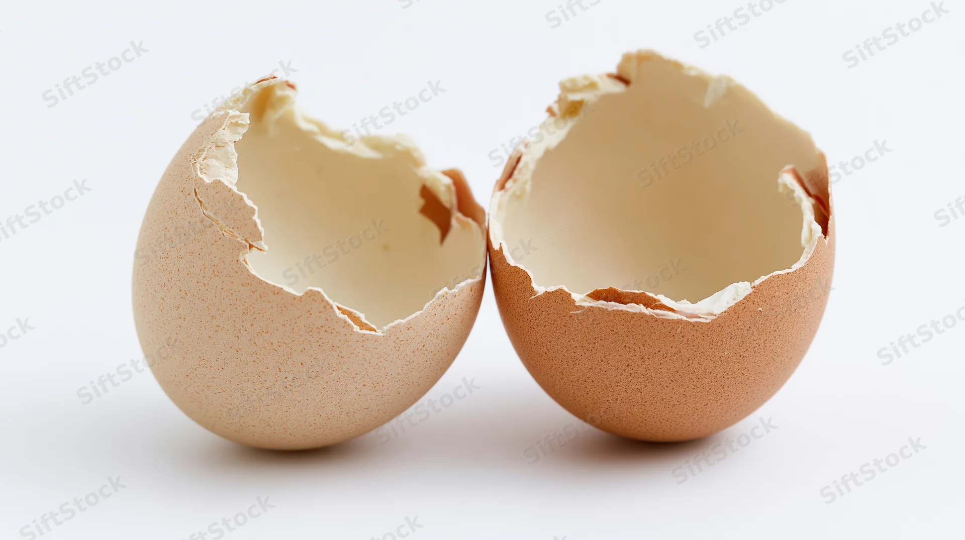 Two broken brown eggshell halves separated on white background