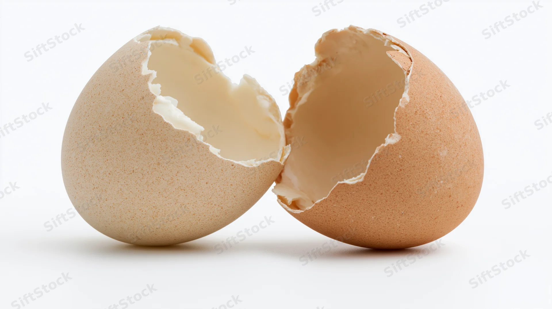 Two broken brown eggshell halves separated on white background