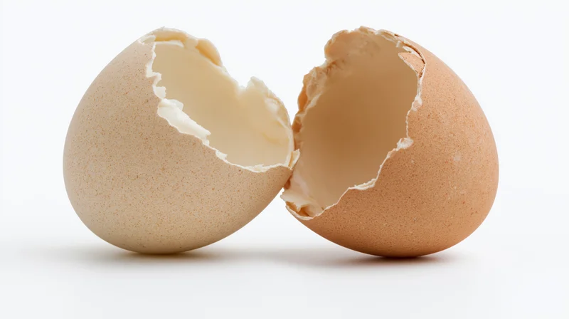 Two broken brown eggshell halves separated on white background