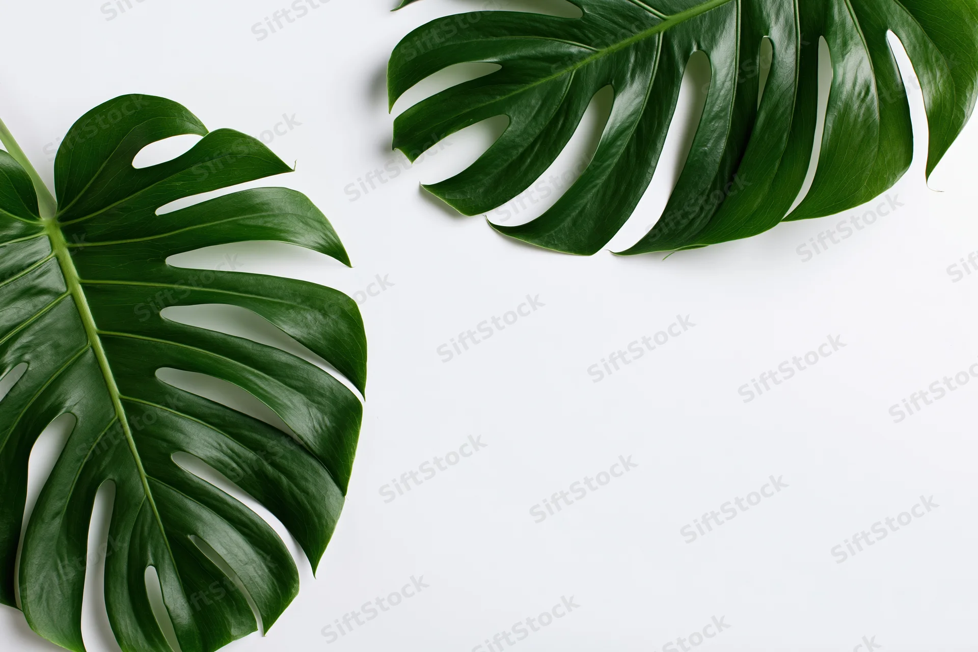 Two large monstera deliciosa leaves arranged in opposite corners on a white surface with copyspace