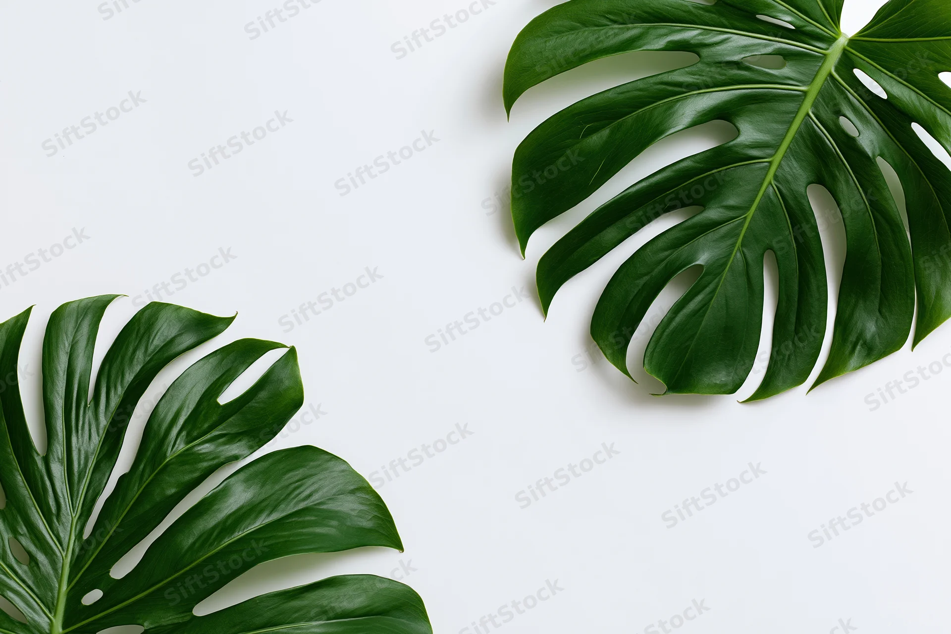 Two large monstera deliciosa leaves arranged in opposite corners on white background