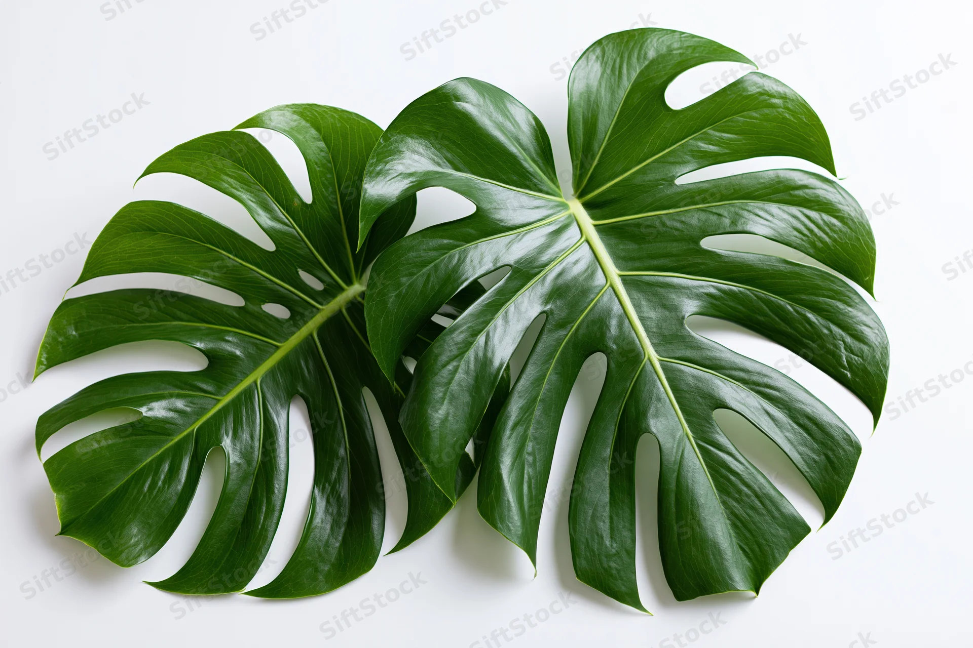 Two large monstera deliciosa leaves overlapping on a white surface