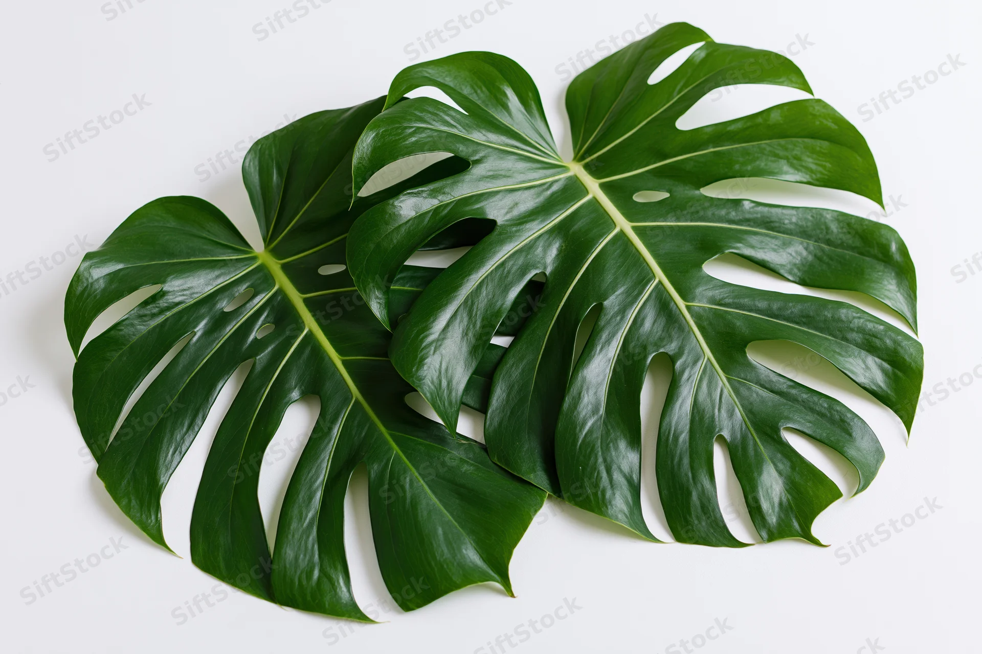 Two large monstera deliciosa leaves overlapping on a white surface