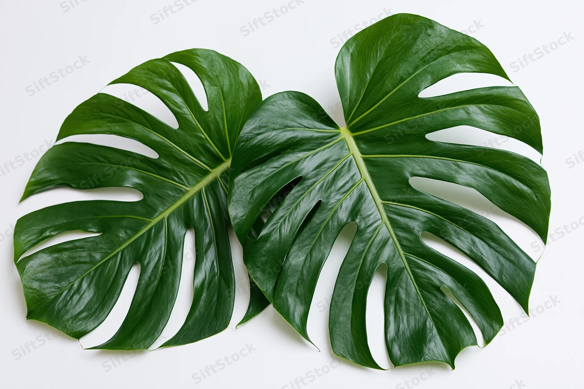 Two large monstera deliciosa leaves laid flat and overlapping on white background